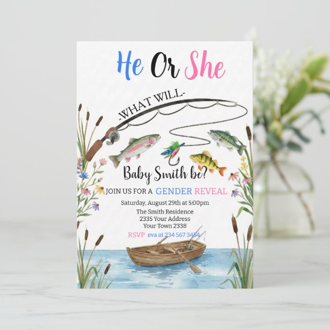 Convite Fishing Gender Reveal Invitation, Fish-HE Fish-SHE (Em pé/Frente)