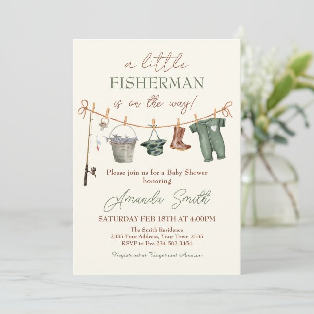Convite Fishing Reel Excited Boy Baby Shower Invitation (Em pé/Frente)