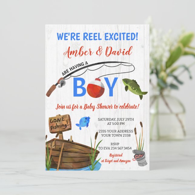 Convite Fishing Themed Reel Excited Baby Shower  (Em pé/Frente)