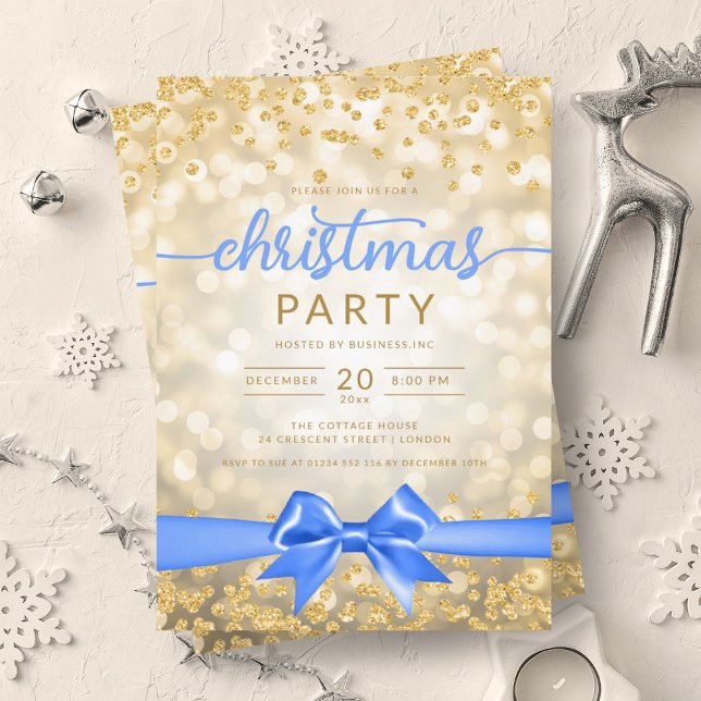 Convite Fita Azul Xmas, Empresa de Glam Dourada de inverno (Gold Winter Glam Company Xmas Blue Ribbon Invitation)