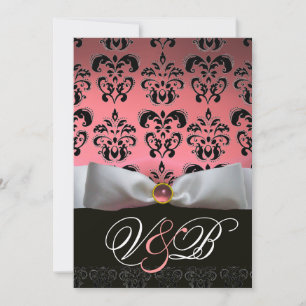 CONVITE FITA BRANCA ROSA  DAMASCO PRETO MONOGRAMA