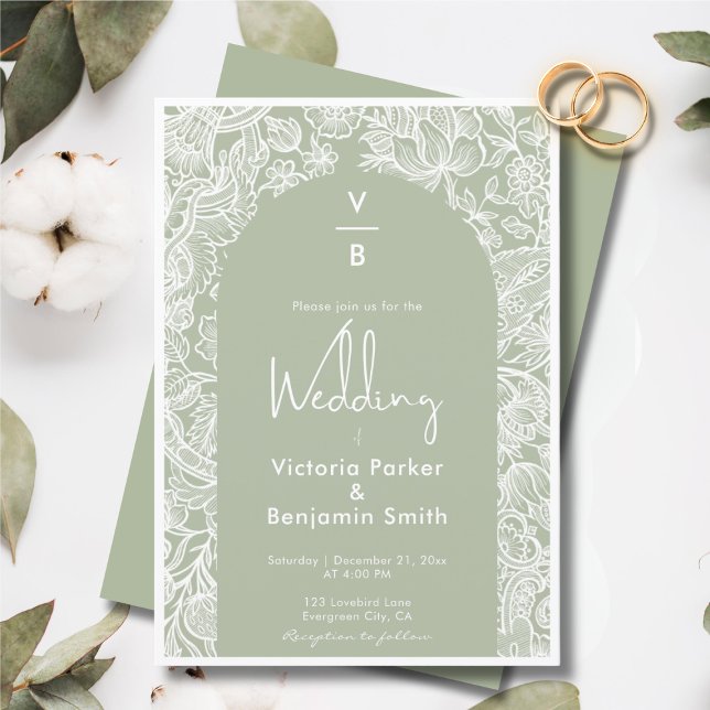 Convite Fita Chic Floral Boho Arch Monograma Sage Casament (Chic Floral Line Boho Arch Monogram Sage Wedding Invitation)