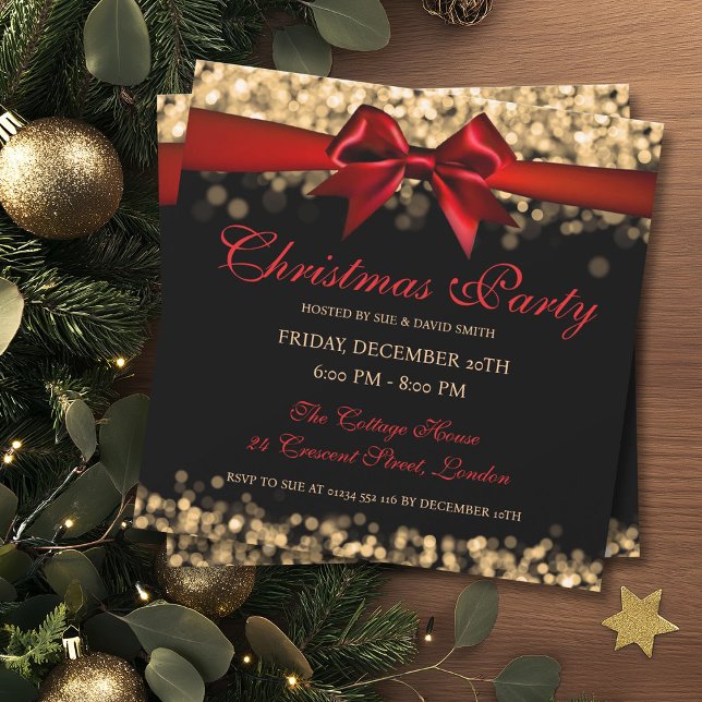 Convite Fita das Luzes Douradas do Shimmer Natal Elegante (Elegant Christmas Gold Shimmer Lights Ribbon Invitation)