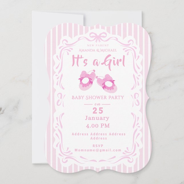 Convite Fita de arco é rosa Calçado de bebê de menina (Frente)