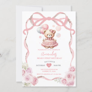 Convite Fita de Arco Rosa Bear Primeiro Aniversário