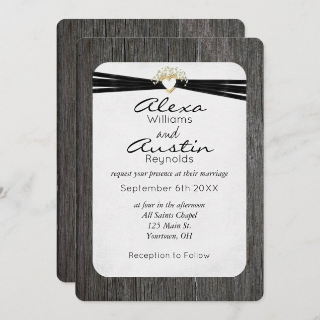 Convite Fita de Casamento em Dourado Coração na Madeira (Frente/Verso)