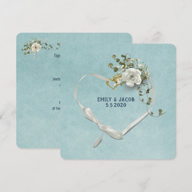 Convite Fita de coração de casamentos e anéis com bouquet  (Frente/Verso)