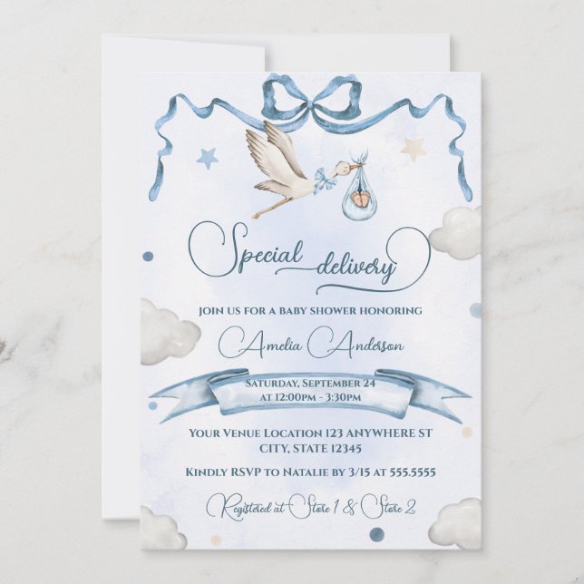 Convite Fita de Laço de Entrega Especial da Cegonha Festa  (Frente)