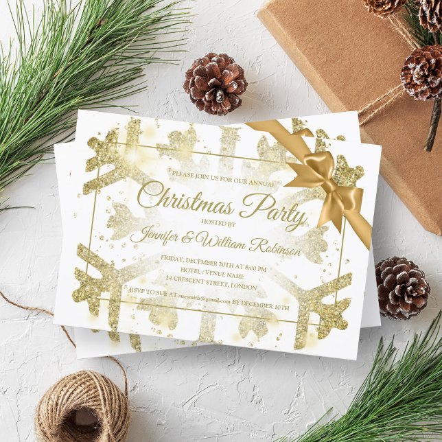Convite Fita de Natal Dourada e Luxuosa do Natal (Luxurious Gold Glitter Xmas Holiday Ribbon Invitation)