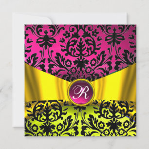 CONVITE FITA DE OURO AMARELO FÚCSIA PRETO DAMASCO MONOGRAM
