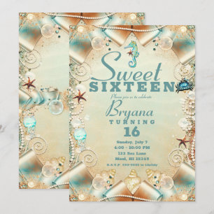 Convite Fita de Pérolas do Mar de Creme Encantada Sweet 16