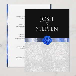 Convite Fita de Seda Azul com Padrão de Prata Branco