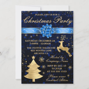 Convite Fita Elegante Azul e Dourada para Festa de Natal
