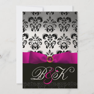 CONVITE FITA FUCHSIA ROSA DAMASCO MONOGRAMA BRANCO PRETO