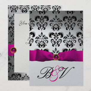 CONVITE FITA FUCHSIA ROSA PRETA PRATA MONOGRAMA DAMASCO