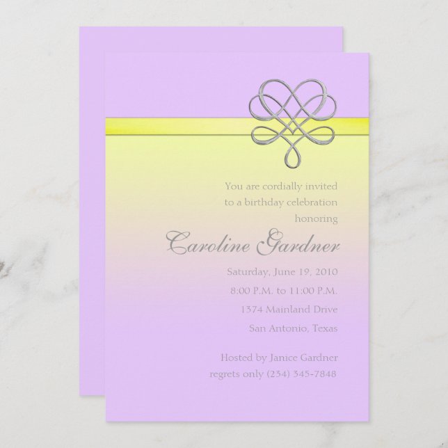 Convite Fita Ingelada Lilac e Amarela (Frente/Verso)