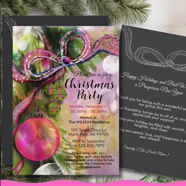 Convite Fita Ousada Rosa Vibrante Tendência Festa de Natal (Trendy Vivid Pink Bold Ribbon Christmas Party Invitation)