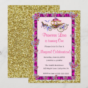 Convite Fita Rosa Dourada Glitter Royal Princess Aniversár
