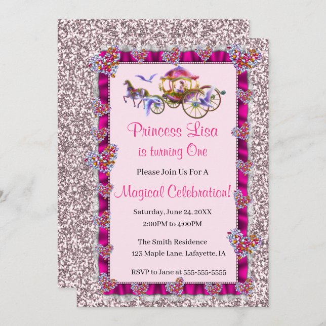 Convite Fita Rosa Fita Rosa Brisa Brilhante Princesa Real  (Frente/Verso)