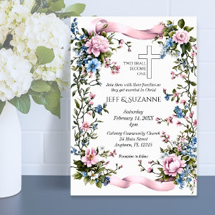 Convite Fita Rosa Floral Cruz Dois se Tornam Um