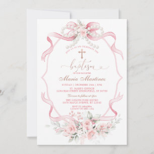 Convite Fita Rosa Pérola Floral Batismo Batizado