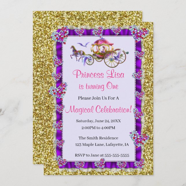 Convite Fita Roxa Dourada Glitter Royal Princess Aniversár (Frente/Verso)