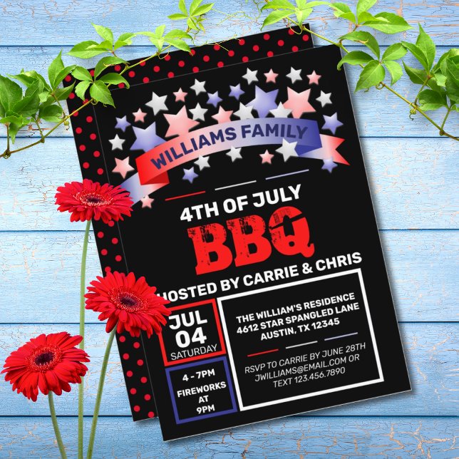 Convite Fita Vermelha e Azul e Estrelas 4 de julho de CHUR (RED, WHITE, & BLUE 4TH OF JULY BBQ INVITATION)