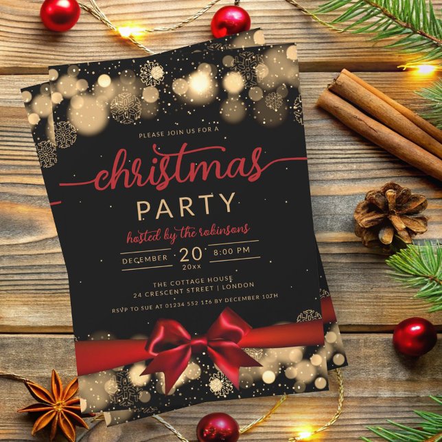 Convite Fita Vermelha Xmas da Família Wonderland Dourada d (Gold Winter Wonderland Family Xmas Red Ribbon Invitation)
