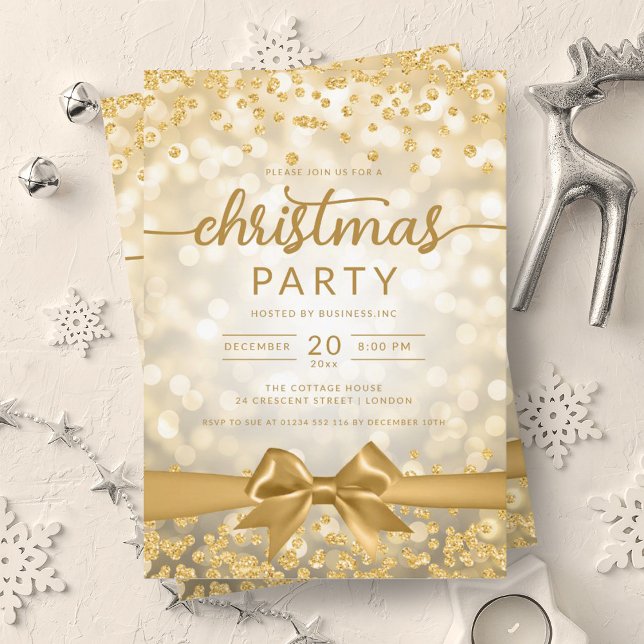Convite Fita Xmas da Dourada Winter Glam Company (Gold Winter Glam Company Xmas Ribbon Invitation)