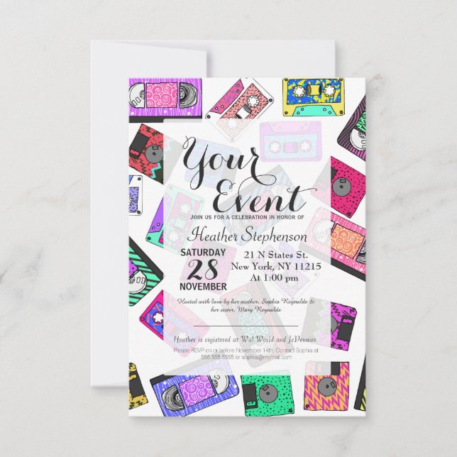 Convite Fitas cassete com padrão Neon do anos 80 90 (Frente)