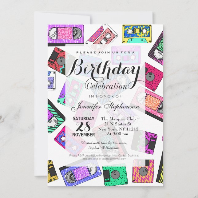 Convite Fitas cassete com padrão Neon do anos 80 90 (Frente)