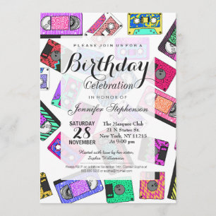 Convite Fitas cassete com padrão Neon do anos 80 90