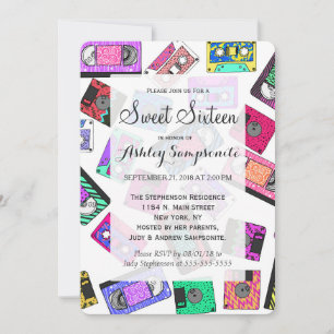 Convite Fitas cassete com padrão Neon do anos 80 90