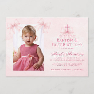 Convite Fitas Rosa Batismo e Aniversário de Um Ano Menina 