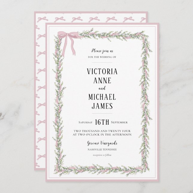 Convite Fitas rosa e Casamento vintage verde (Frente/Verso)