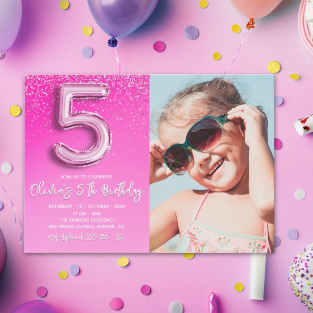 Convite "Five and Fabulous Pink Glitter Birthday Photo (Criador carregado)