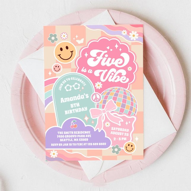 Convite Five Is A Vibe Cloud Rainbow Disco 5th Birthday (Criador carregado)