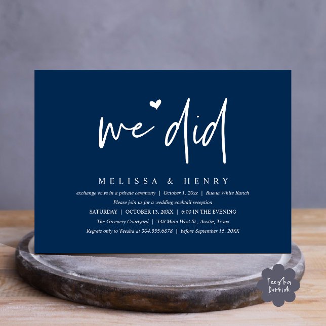 Convite Fizemos Janto de Recepção de Casamento Moderno (We Did Modern Wedding Elopement Reception Dinner Party Invitation Card PDF Contemporary Navy Blue)