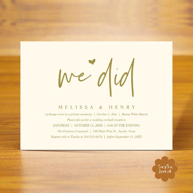 Convite Fizemos Janto de Recepção de Casamento Moderno (We Did Modern Wedding Elopement Reception Dinner Party Invitation Card PDF Yellow Gold)
