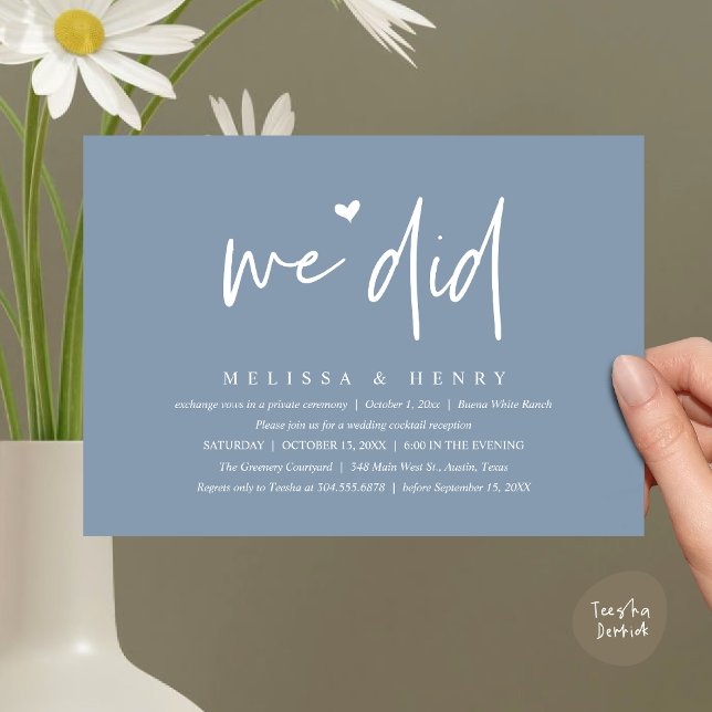 Convite Fizemos Janto de Recepção de Casamento Moderno (We Did Modern Wedding Elopement Reception Dinner Party Invitation Card PDF Contemporary Dusty Blue)