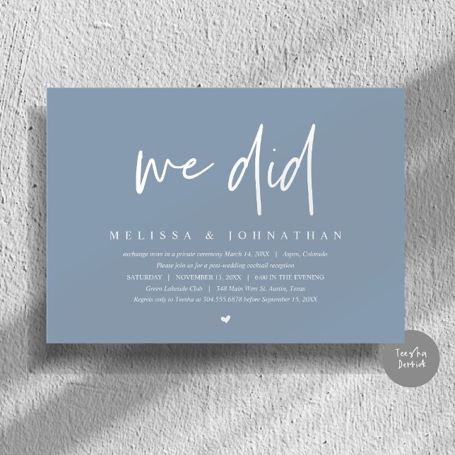 Convite Fizemos, Partido do Elopemento de Casamento, Minim (We Did, Wedding Elopement Dinner Invitation Card, PDF, Modern Minimalist, in Dusty Blue)