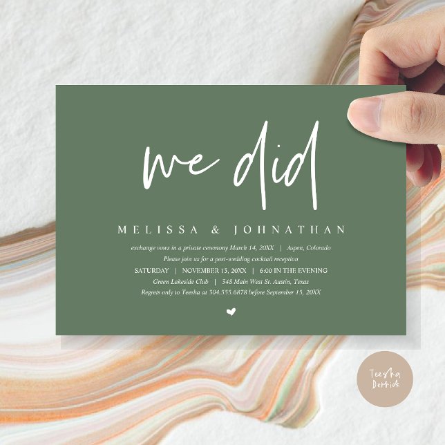 Convite Fizemos, Partido do Elopemento de Casamento, Minim (We Did, Wedding Elopement Dinner Invitation Card, PDF, Modern Minimalist, in Forest Sage Green)