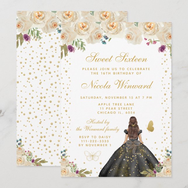 Convite Fla Floral Morena Princesa Doce Dezesseis (Frente/Verso)
