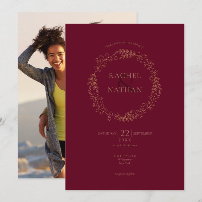 Convite Flair Burgundy Louro Guirlanda Foto Casamento  (Frente/Verso)