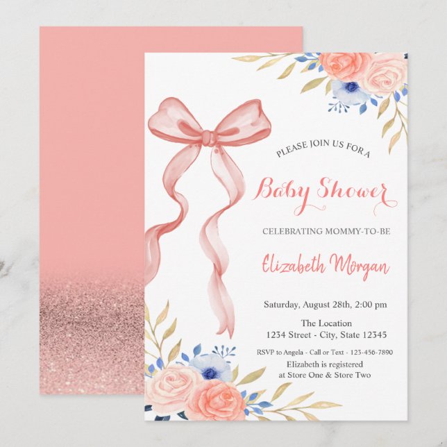 Convite Flair de Laço Flores Bokeh Baby Shower (Frente/Verso)