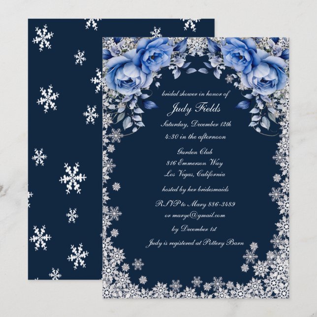 Convite Flair de Noiva de Natal com Floco de Neve e Rosas  (Frente/Verso)
