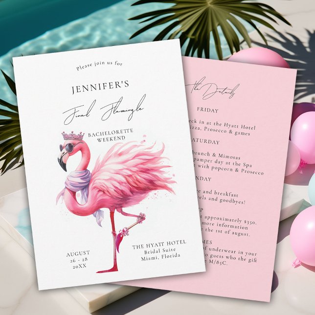 Convite Flamingle Final Cute Funny Bachelorette Itinerário (final flamingle bachelorette party invitation itinerary pink flamingo tropical funny watercolor fun)