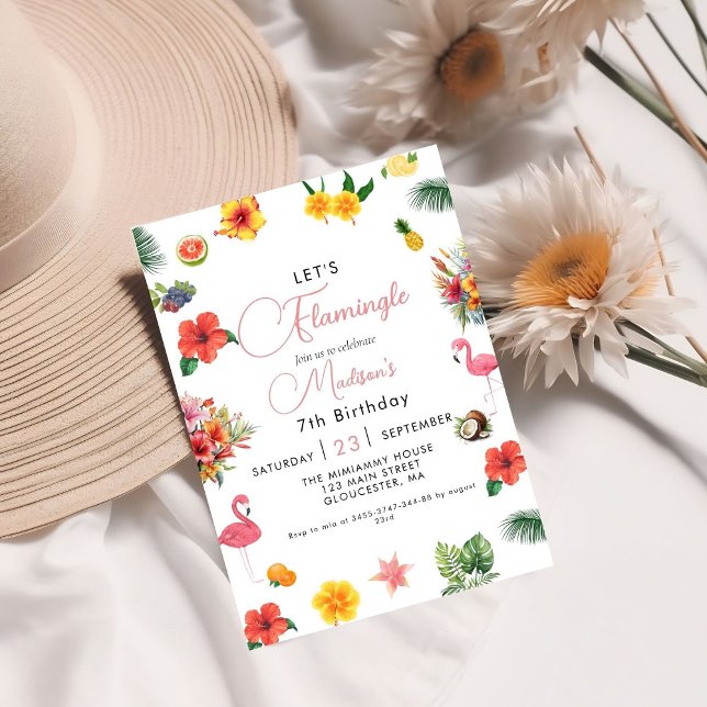 Convite Flamingle Luau Floral Tropical de Verão Aniversári (Criador carregado)