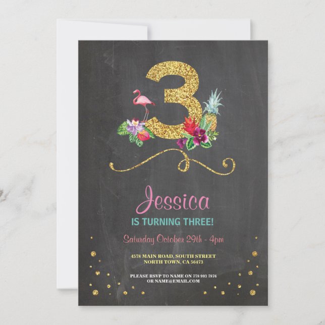 Convite Flamingo Aloha 3ª Festa de aniversário Chalk Convi (Frente)