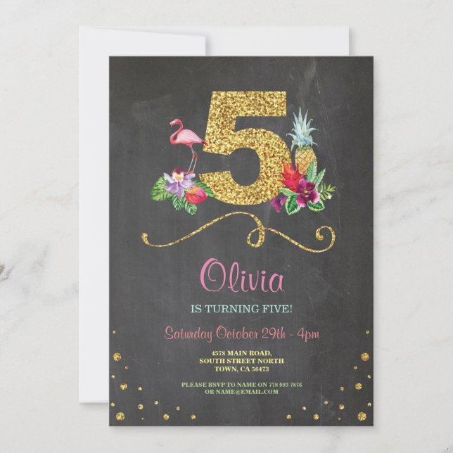 Convite Flamingo Aloha 5 Festa de aniversário do giz convi (Frente)